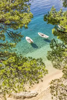 Croatian Prints: Two small boats anchored at Podrace Beach near Brela and Makarska, Croatia, Europe