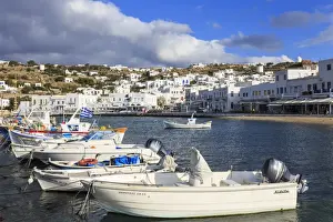 Chora Prints: Small boats in harbour, whitewashed Mykonos Town (Chora) with windmills on hillside
