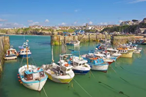 Fishing Boats Prints: Small fishing boats in the harbour at high tide, Newquay, North Cornwall