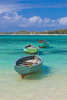Vacations Prints: Small fishing boats in the turquoise sea, Mauritius, Indian Ocean, Africa