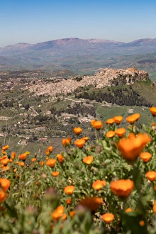 Background Focus Prints: The small hill town of Calascibetta seen from Enna, Sicily, Italy, Europe