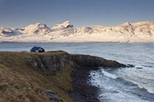 Images Dated 22nd October 2008: Small house and Borgarfjordur Eystri fjord, Mount Dyrfjoll (Door mountain)