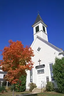 New Hampshire Prints: A small maple tree in fall colours before the Center Conway United Methodist