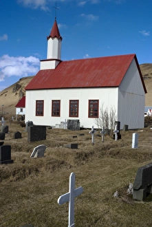 Head Stones Prints: Small regional church near Dyrholaey, Iceland, Polar Regions
