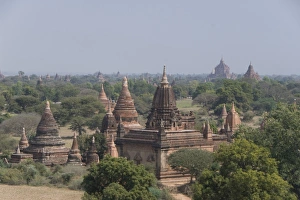 Traditionally Myanmarian Prints: Small temples near the Shwesandaw Paya in foreground, Bagan (Pagan), Myanmar (Burma), Asia