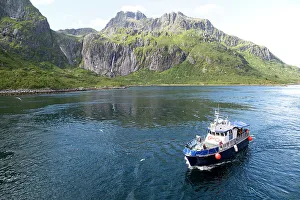 Vessel Prints: Small tourist boat in mountainous fiord landscape