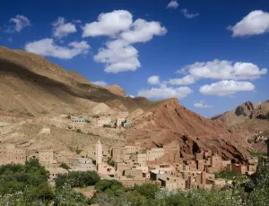 Dades Gorge Prints: Small village and mosque in the Dades Gorge near Boumalne Dades, Morocco