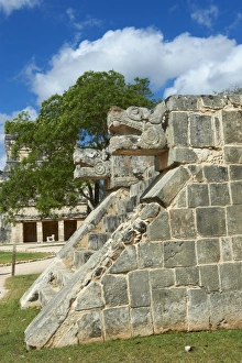 The snakes head in ancient Mayan ruins, Chichen Itza, UNESCO World Heritage Site