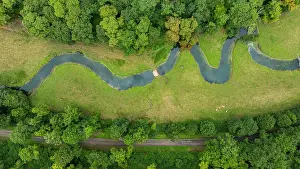 Flowing Prints: Snaking river winds through lush greenery near the Abbey of Fontenay in France