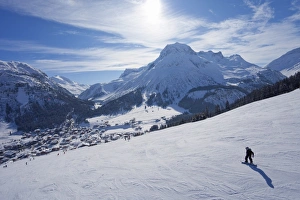 Lech Prints: Snow-boarder on piste at Lech near St. Anton am Arlberg in winter snow