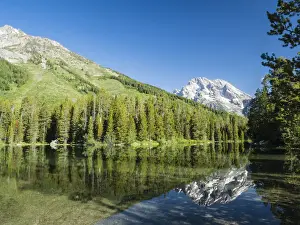 Grand Teton Prints: Snow-capped mountains reflected in the calm waters of String Lake, Grand Teton National