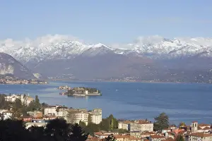 Isola Bella Prints: Snow capped mountains above Stresa, Isola Bella and Isola Superiore, Borromean Islands