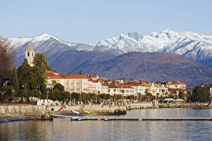 Maggiore Prints: Snow capped mountains above Stresa waterfront, Lake Maggiore, Italian Lakes