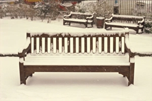 Street Furniture Prints: Snow covered benches, London, England, United Kingdom, Europe