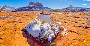Cathedral Rock Prints: Snow covered Cathedral Rock in Sedona viewed from a sandstone plateau along Secret Slick