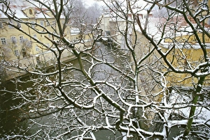 Mala Strana Prints: Snow-covered Certovka Channel at Kampa, Mala Strana, Prague, Czech Republic, Europe
