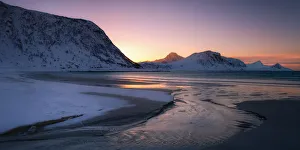 Nordland Prints: Snow covered Haukland Beach at sunset, Lofoten, Nordland, Norway, Europe