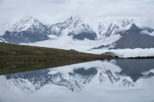 Retreat Prints: Snow-covered mountain peak reflected in lake under evening light in western Sichuan, China