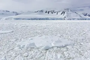 Snow-covered mountains and dense sea ice in Neumayer Channel, Palmer Archipelago
