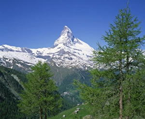 The snow covered peak of the Matterhorn in Switzerland