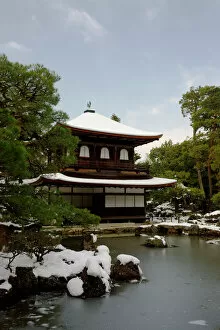 Typically Japanese Gallery: Snow-covered Silver Pavilion, Ginkaku-ji Temple, Kyoto, Japan, Asia