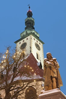Images Dated 3rd December 2010: Snow-covered statue of Jan Zizka and Church of Transfiguration of Our Lady on Mount Tabor