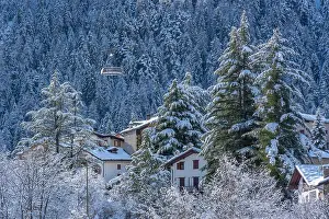 Courmayeur Prints: Snow covered trees and Courmayeur to Plan Checrouit cable car viewed from Courmayeur in winter