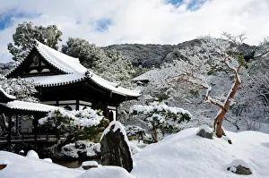 Traditionally Japanese Prints: Snow-covered Zen garden in Kodai-ji Temple, Kyoto, Japan, Asia
