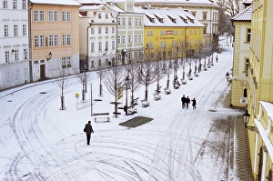 Mala Strana Prints: Snow covering Na Kampe Square, Kampa Island, Mala Strana suburb, Prague