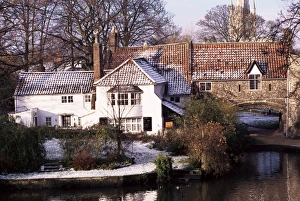 Snow on house roof, Pull Ferry, Norwich, Norfolk, England, United Kingdom, Europe