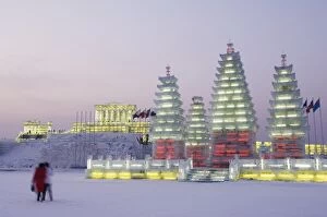 Snow and ice sculptures illuminated at the Ice Lantern Festival, Harbin