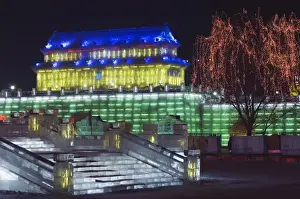 Festivity Prints: Snow and ice sculptures illuminated at night at the Ice Lantern Festival