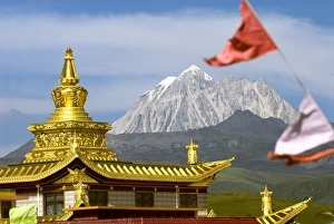 Sichuan Prints: Snow mountain and Buddhist temple, Tagong Grasslands, Sichuan, China, Asia