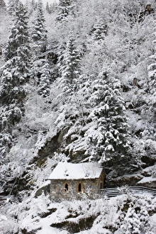 Covering Prints: Snowed covered Notre-Dame de la Gorge chapel, Les Contamines, Haute-Savoie