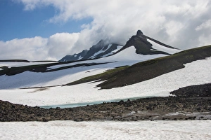 Snowfield below Mutnovsky volcano, Kamchatka, Russia, Eurasia