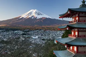 Traditionally Japanese Prints: Snowy Mount Fuji and Chureito Pagoda at Arakura-yama Sengen-koen Park, Fujiyoshida