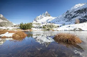 Alpine Scene Prints: Snowy peaks are reflected in the alpine lake partially frozen