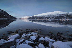 Lyngen Alps Prints: Snowy peaks reflected in the cold sea at dusk, Manndalen, Kafjord, Lyngen Alps, Troms