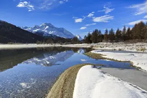 Maloja Prints: Snowy peaks are reflected in Lake Silvaplana still partially frozen