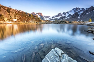 Province Of Sondrio Prints: Snowy peaks reflected in Lake Zana at sunrise