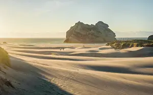 Stack Prints: Soft Morning Light Illuminating Sand Dunes and Rock Stack at Wharariki Beach
