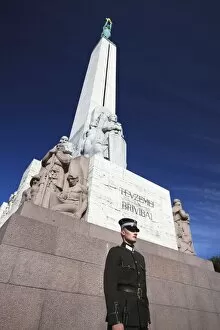 Soldier guarding Freedom Monument, Riga, Latvia, Baltic States, Europe