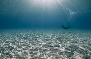 Red Sea Prints: Solitary scuba diver in shallow sandy bay