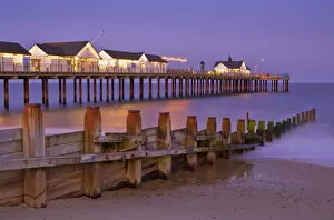 Images Dated 25th September 2009: Southwold pier and wooden groyne at sunset, Southwold, Suffolk, England