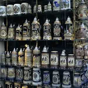 Vienna Prints: Souvenir shop-window displaying traditional Austrian beer tankards
