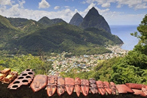 Soufriere Prints: Souvenir stall with view of the Pitons and Soufriere