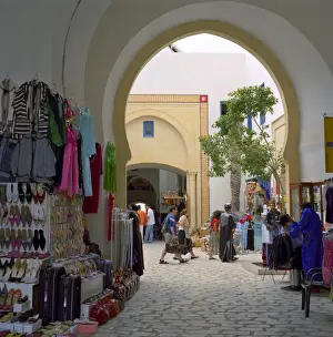 Clothing Prints: Souvenir stalls inside shopping and restaurant complex, the Medina, Yasmine Hammamet