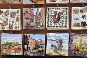 Large Group Of Objects Prints: Souvenir tiles in shop display, Lisbon, Portugal, Europe