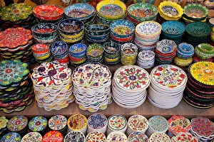 Stalls Prints: Souvenirs dishware for sale at Arasta Bazaar in Istanbul showcasing various unique designs and vibrant colors