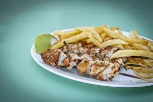 Skewer Prints: Souvlaki, popular Greek food consisting of small pieces of meat grilled on a skewer served with french fries